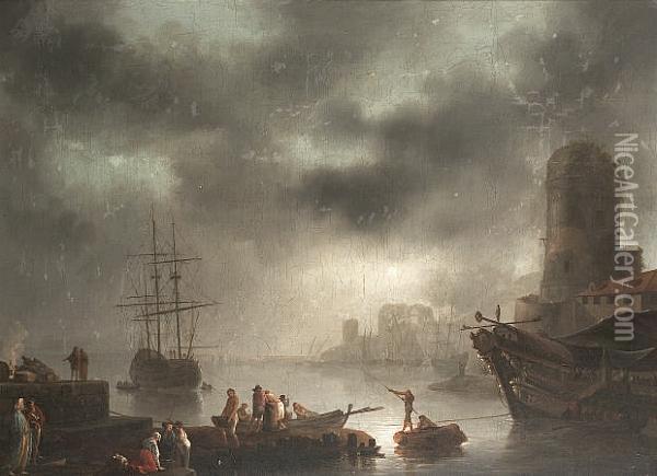 A Moonlit Harbour With Fishermen Unloading Their Catch With Figures On A Quayside Oil Painting - Francesco Fidanza