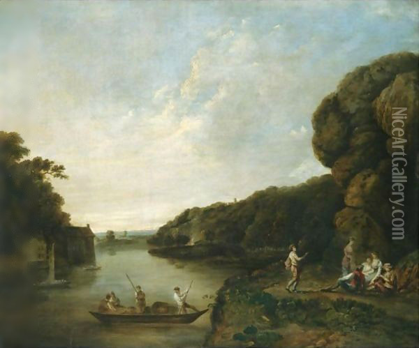A River Landscape With A Ferryboat Approaching Elegant Company Oil Painting - William Marlow