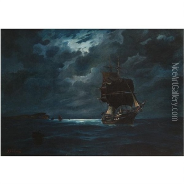 Sailing By Moonlight Oil Painting - Vasilios Chatzis