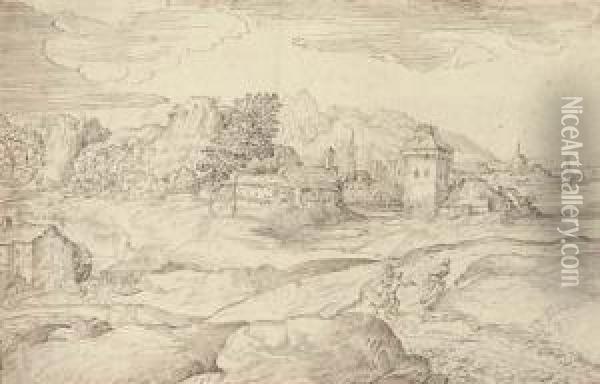 An Extensive Landscape With A Watermill And Figures On A Road, A Town Beyond Oil Painting - Domenico Campagnola