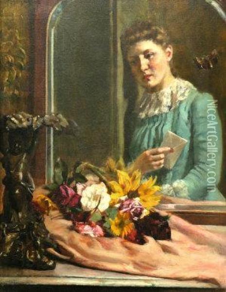 Lady Holding A Letter Reflected In A Mirror Oil Painting - John Knox Ferguson