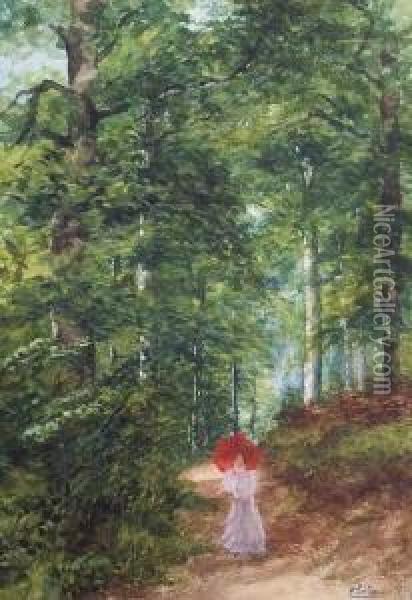 Waldweg Mit Spaziergangerin Oil Painting - Carl Seiler