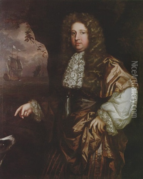 Portrait Of A Man (john Wood?) Wearing Silk Robes And A Lace Cravat, Standing In A Coastal Landscape With His Dog Oil Painting - John Greenhill