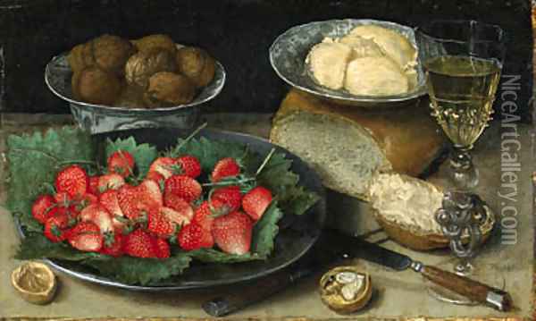 Strawberries on a Plate, Walnuts in a porcelain Bowl, Butter on a Plate, a Loaf of Bread, a faon de venise Wine Glass, a Knife and a Fork on a Table Oil Painting - Georg Flegel