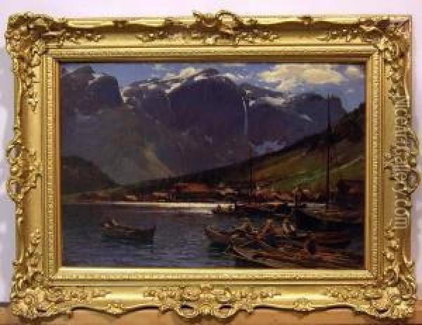 Fiskare Pa Fjorden, Norge. Oil Painting - Lauritz B. Holst