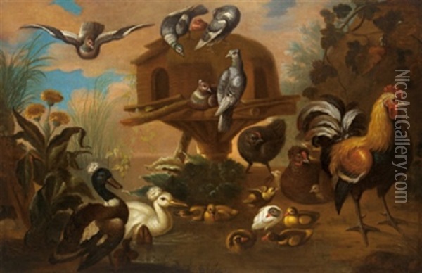 Huhner, Enten Mit Kuken Und Tauben Bei Einem Taubenschlag In Einer Landschaft Oil Painting - Adriaen van Oolen