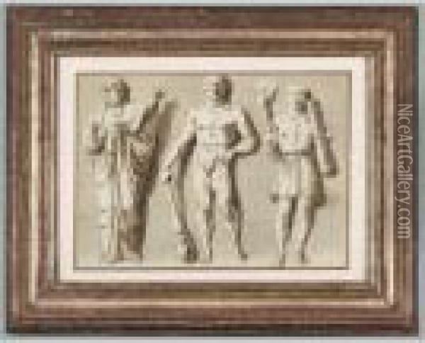 Etudes De Trois Figures Antiques
 [, Study Of Three Antique Figures, Pen And Brown Ink, Brown Wash 
Heightened With White Gouache On Prepared Paper ] Oil Painting - Giuseppe Bernardino Bison