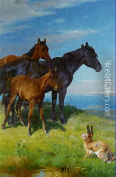 Horses And Hare In A Coastal Meadow Oil Painting - Adolf Heinrich Mackeprang