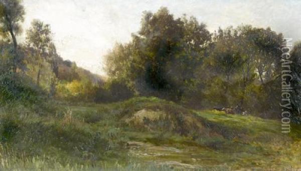 Hugelige Landschaftspartie Mit Kuhherde Bei Einem Bach Oil Painting - Emile Charles Lambinet