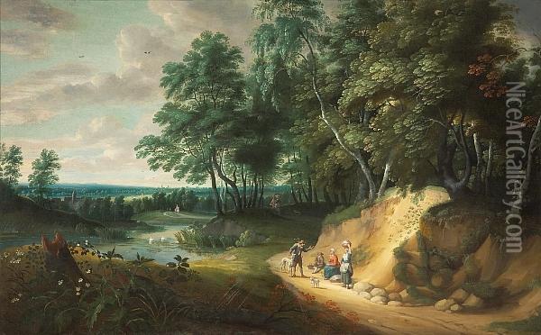 An Extensive Wooded Landscape With Figures Conversing On A Path Oil Painting - Jacques D Arthois