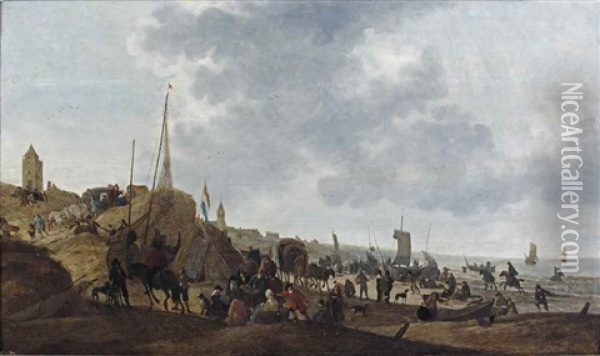 The Beach Of Scheveningen With The Carriage Of King Charles Ii Arriving Amongst Numerous Figures Oil Painting - Cornelis Beelt