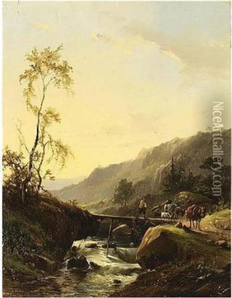 A Mountainous Landscape With A Traveller On A Bridge Oil Painting - Jacobus Pelgrom