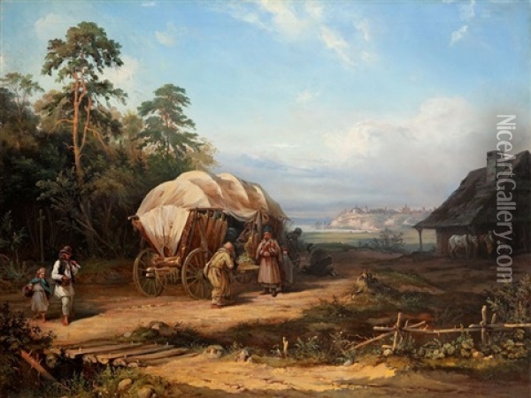 Scena Z Wozem Przed Kuznia Oil Painting - Franciszek Kosttrzievsky