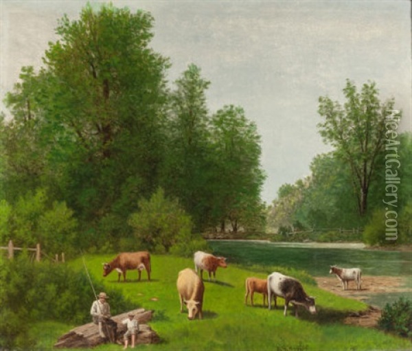 Cows Grazing Oil Painting - Barton S. Hays