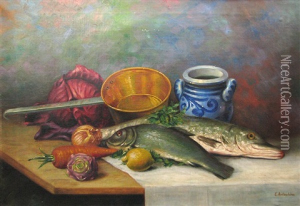 Still Life With Fish Oil Painting - Constantin Artachino