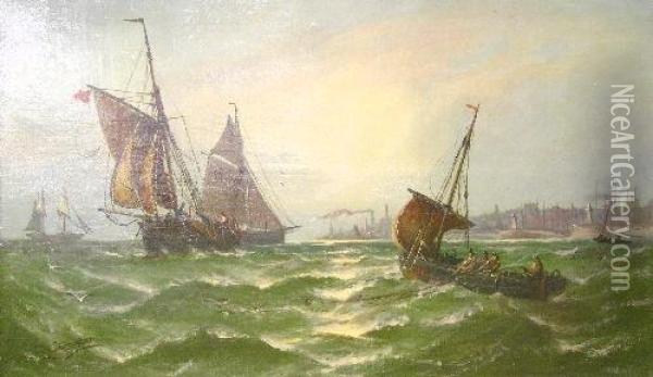 Fishing Boats Hauling In The Catch In A Stiff Breeze Off A Harbour Entrance Oil Painting - John Callow