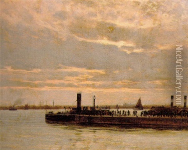 Havnen I London Ved Aftentide Med Dampskibe Og Myldrende Folkeliv Pa Kajen Oil Painting - James Thomas Watts