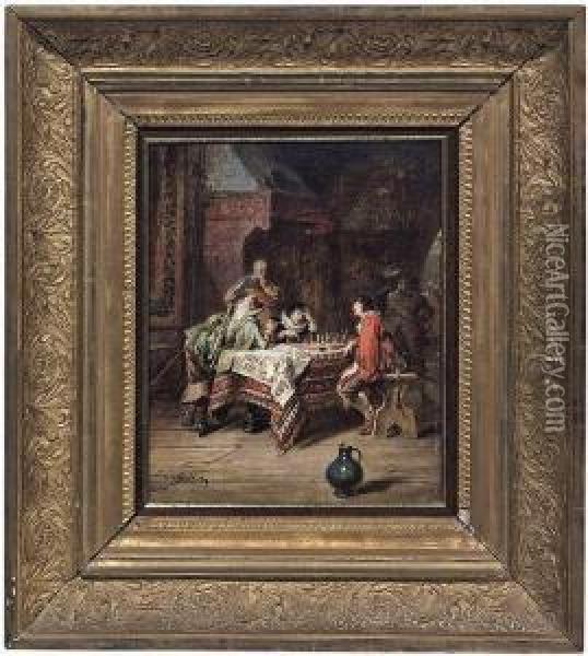 Interiorof A Parlour With Gentlemen Playing Chess Oil Painting - Jacob Emmanuel Gaisser