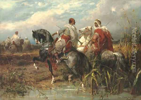 Two arabs fording a stream Oil Painting - Adolf Schreyer