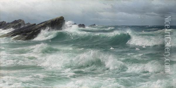 Waves Breaking On A Rocky Coast Oil Painting - David James