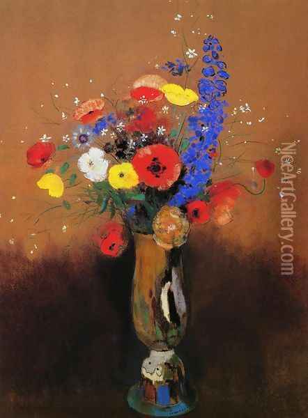 Wild Flowers in a Long-Necked Vase Oil Painting - Odilon Redon