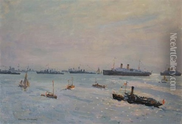 Untitled (harbour With Naval Ships) Oil Painting - Charles David Jones Bryant