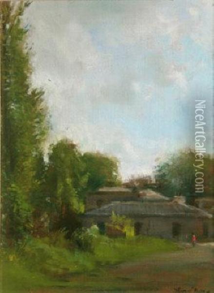 Outhouses, Roundwood Oil Painting - Thomas Darby Ryan