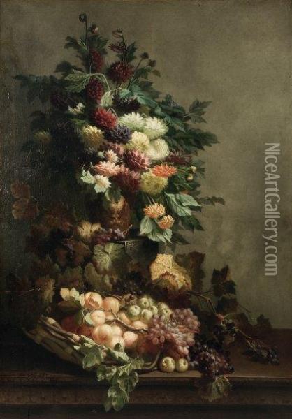 Nature Morte Au Bouquet De Fleurs Etau Panier De Fruits Oil Painting - Edmond De Koninck