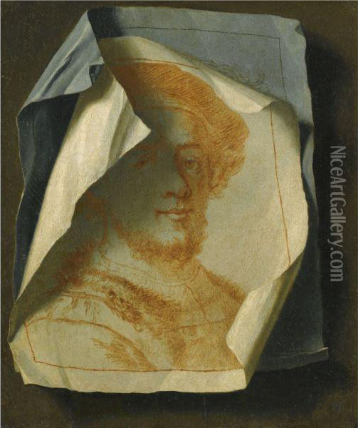 Trompe L'oeil With A Portrait Of Rembrandt, In Red Chalk Withanother Drawing Pinned To The Wall Oil Painting - Gabriel Gresly