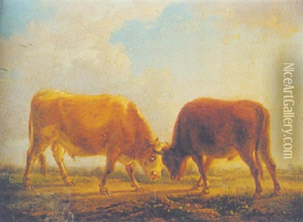Fighting Bulls Oil Painting - Jean-Baptiste De Roy