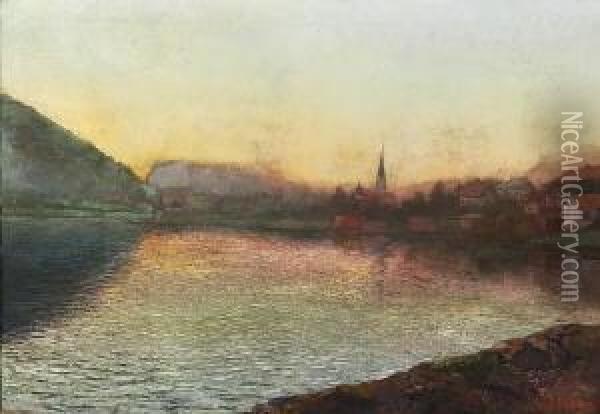 Dorf An Einem Gebirgssee Oil Painting - Georg Muhlberg