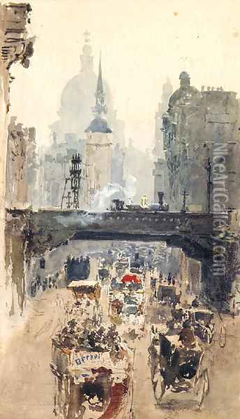 St Pauls from Ludgate Hill Oil Painting - English School