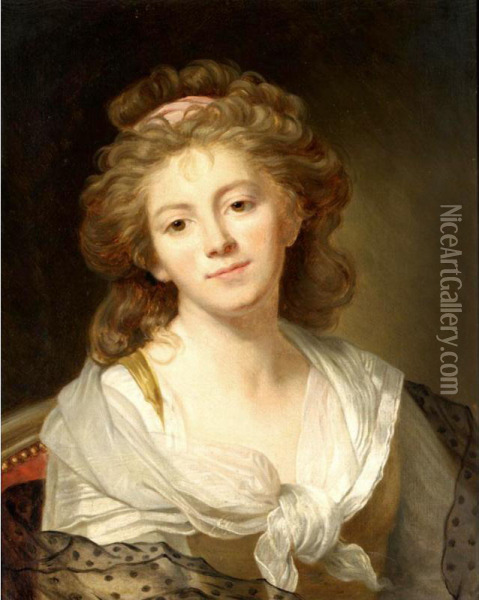 Self-portrait , Head And Shoulders, Wearing A Yellow Dress With A White Collar And A Pink Hair Ribbon Oil Painting - Marie Genevieve Bouliard