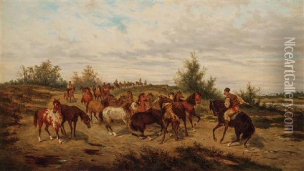 Herding The Horses Oil Painting - Ludwig Gedlek