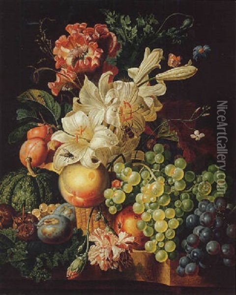 Lilies, Carnations And A Poppy In A Basket With Grapes, Plums, Gooseberries, A Melon And Other Fruit On A Stone Ledge Oil Painting - Paul Theodor van Bruessel