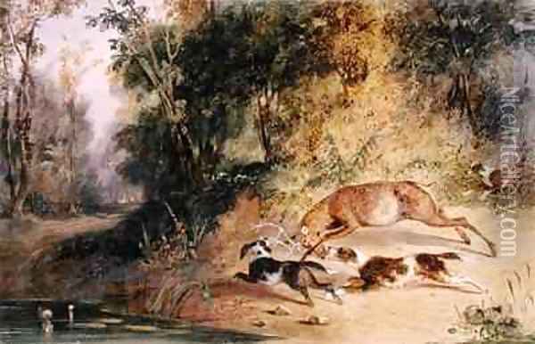 Deerhound and Bitch Cornering a Stag at the Edge of a Woodland Pool Oil Painting - Newton Fielding