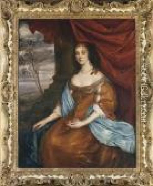Portrait Of A Lady, Seated 
Three-quarter-length, In A Gold Dresswith A Blue Shawl, Before A Red 
Drape, In A Landscape Oil Painting - Sir Peter Lely
