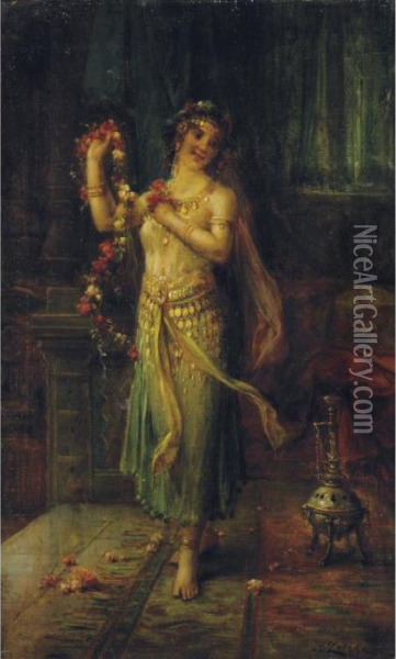 Dancing Girl With Floral Garland Oil Painting - Hans Zatzka