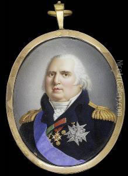 Louis Xviii (1755-1824), King Of France (1814-24), Wearing Dark Blue Coat With Gold Epaulettes, Blue Sash And Breast Star Of The Order Of The Saint-esprit, Badge Of The Royal French Order Of Saint-louis And Another Medal On A Green Ribbon Oil Painting - Pierre Henri Sturm