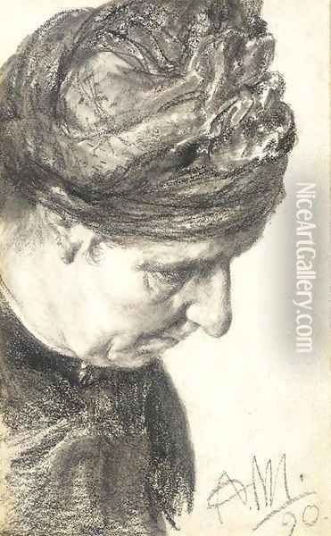 Head of an woman looking down to the right Oil Painting - Adolph von Menzel