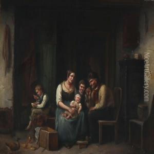 Interior With A Family Oil Painting - Christian Andreas Schleisner