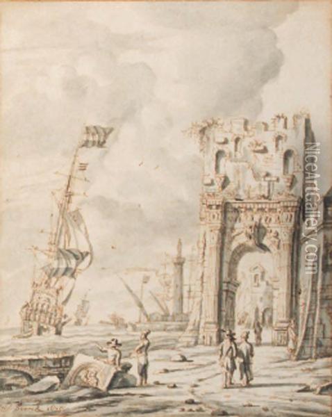 A Mediterranean Harbour Scene With Figures By A Gate, A Dutch Mano'war Nearby Oil Painting - Jacobus Storck
