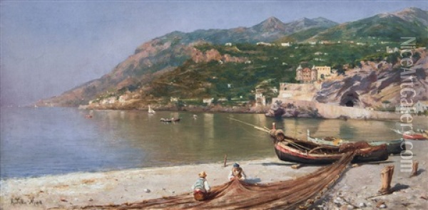 Pescatori Sulla Spiaggia Oil Painting - Angelo Della Mura
