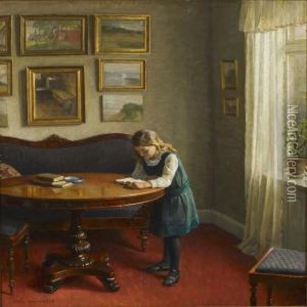 Interior With Girlreading By A Table Oil Painting - Axel Johansen