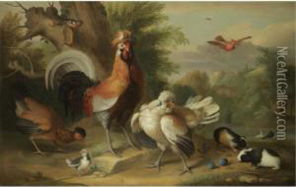 A Cockerel, Chickens And Other Birds With Guinea Pigs In A Landscape Oil Painting - Jakob Bogdani Eperjes C