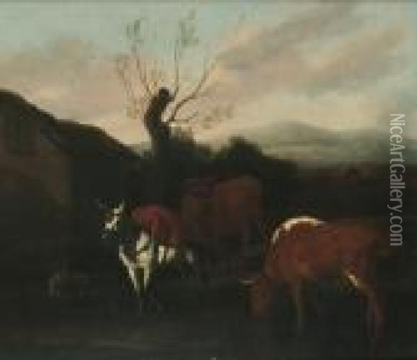 A Herdsman With Cattle, A Mule And A Goat Near A Cottage Oil Painting - Nicolaes Berchem
