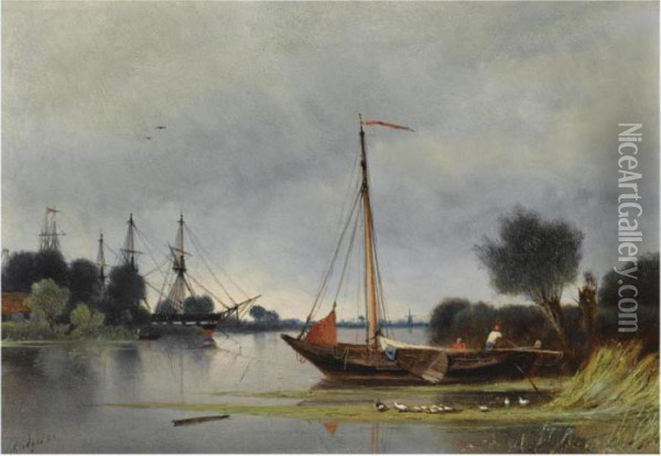 Shipping Off A River Bank Oil Painting - Petrus Paulus Schiedges