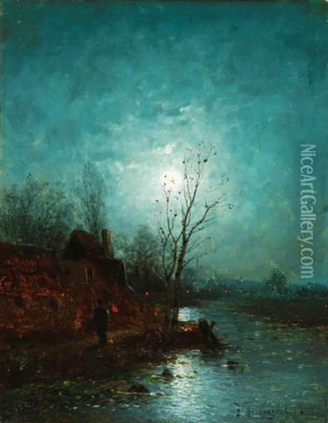 Moonlit Nocturnal Cityscape Oil Painting - Johann Jungblut