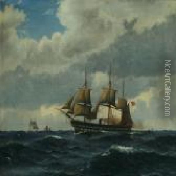 Marine With Thefrigate Sjaelland And Sailing Boats Oil Painting - Christian Vigilius Blache
