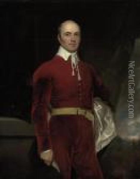 Portrait Of A Gentleman, 
Three-quarter-length, In A Red Coat Andwhite Shirt, Standing Beside A 
Table, A Landscape Beyond Oil Painting - Sir Thomas Lawrence